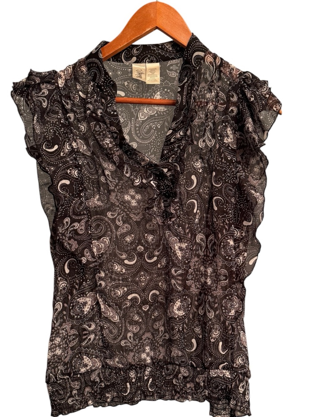 L8teR Black & White Paisley Ruffle Neck Flutter Sleeve Blouse